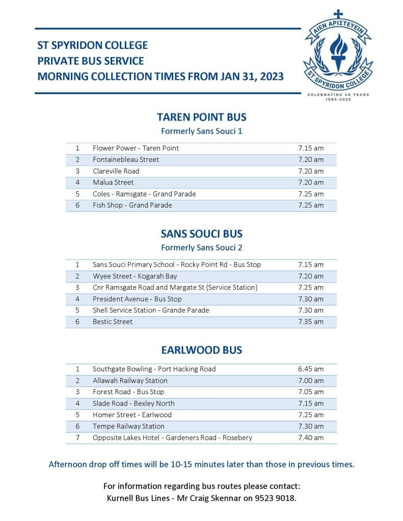 ST SPYRIDON COLLEGE PRIVATE BUS Timetable - 2023